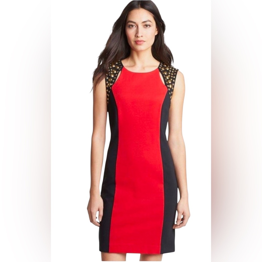 Michael Kors Red/Black Colorblock Gold Studded Sleeveless Shift Dress, Sz 8